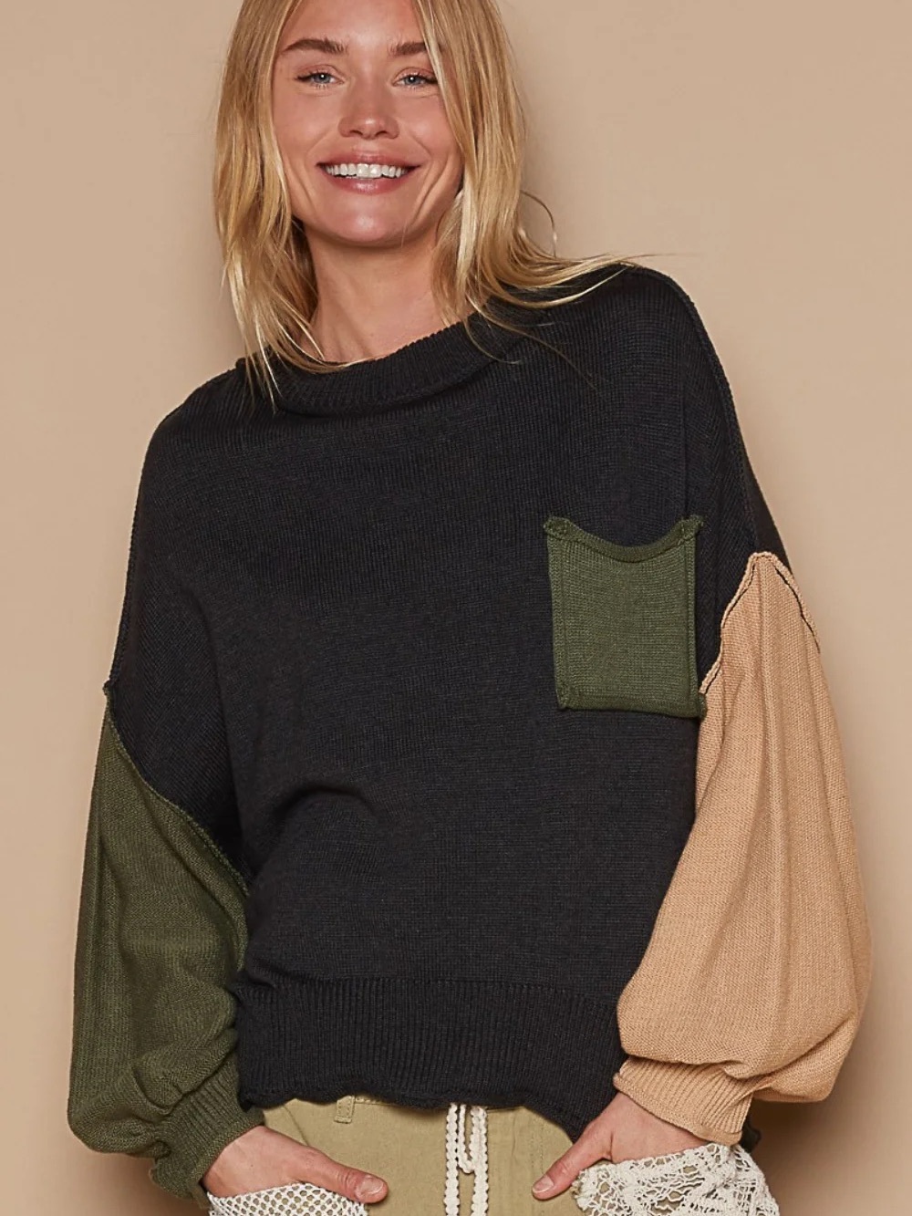 POL Color Block Roll Hem Hacci Oversized Sweater Balloon Sleeve Women’s L
